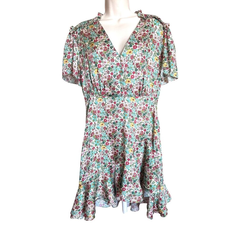 Sandro Paris Floral Mini Dress Size 40 US Size 8 V Neck Ruffle Hem Boho Spring